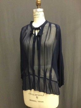 SWILDENS, Navy Blue, Silk, Solid, Chiffon Blouse, Long Sleeves, Slit Neck with Collar Band and Self Tie Front, 3/4 Sleeves, Inverted Pleat At Waist Line with Flared Peplum Lower