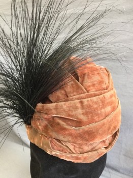20TH CENTURY FOX, Brown, Olive Green, Pink, Black, Synthetic, Feathers, Mottled, Iridescent Olive, Brown, Pink Velvet  Folded Over Trim, with Black, Copper Sprayed Egret Feather,