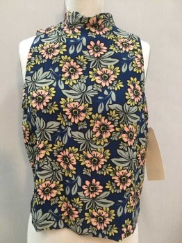 TopShop, Navy Blue, Sage Green, Pink, Chartreuse Green, Black, Polyester, Floral, Navy with Sage Green/pink/chartreuse/back Floral Print, Sleeveless, Mock Neck, Zip Back