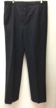 Mto, Navy Blue, Wool, Solid, Flat Front, Button Front, 2 Hip Pockets, Suspender Buttons On Outside Waistband, Deep Hem