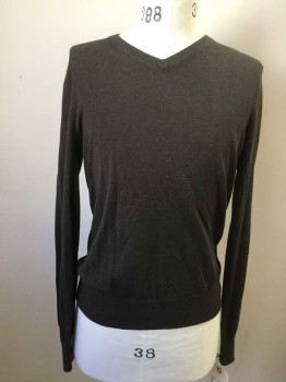 Mens, Pullover Sweater, BANANA REPUBLIC, Espresso Brown, Silk, Cotton, Solid, M, V-neck, Long Sleeves,