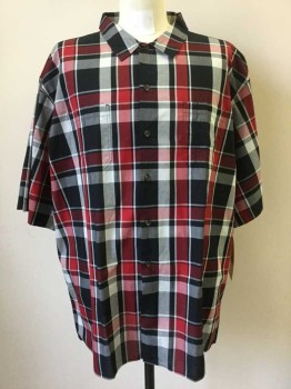 DICKIES, Black, Red, Gray, Cotton, Polyester, Plaid, Black/red/gray Plaid, Button Front, Collar Attached, 2 Pockets, Short Sleeve,