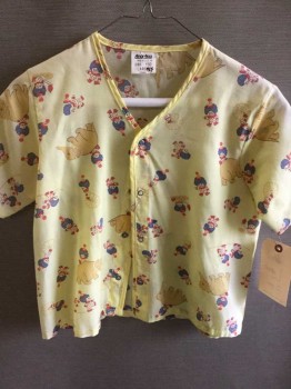 Unisex, Pediatric Pj Top, ANGELICA, Yellow, Red, Blue, Tan Brown, Polyester, Graphic, L, Clowns & Elephants Graphic, Short Sleeve,  Snap Front Top, See Photo Attached,
