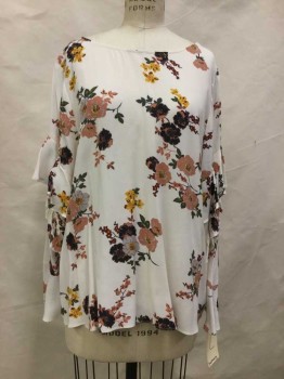 SANCTUARY, Ivory White, Multi-color, Rayon, Floral, White with Multi Color Floral Print, Round Neck,  Long Sleeves with Ruffles