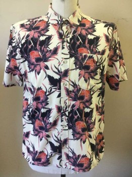 TOP MAN, White, Navy Blue, Pink, Red, Cotton, Floral, Tropical , White with Navy, Pink, Red Tropical Flowers, Crepe, Short Sleeve Button Front, Collar Attached, 1 Pocket