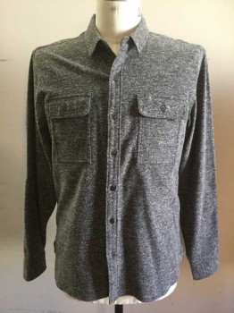 LEVI'S, Gray, White, Polyester, Acrylic, Mottled, Button Front, Long Sleeves, Collar Attached, 2 Flap Pockets, Center Back Split Seam