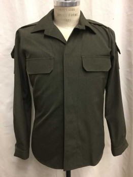 N/L, Olive Green, Cotton, Solid, Long Sleeves, Collar Attached, Button Front, Chest Pockets, Shoulder Epaulets, Patch Pockets On Sleeves
