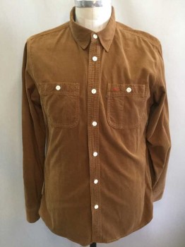 HUFF, Caramel Brown, Cotton, Solid, Corduroy, Long Sleeve Button Front, Collar Attached, 2 Pockets