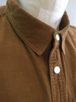 HUFF, Caramel Brown, Cotton, Solid, Corduroy, Long Sleeve Button Front, Collar Attached, 2 Pockets