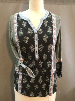 Womens, Top, STYLE & CO, Black, Off White, Heather Gray, Lt Blue, Pink, Cotton, Modal, Floral, Stripes - Vertical , M, Heather Black W/off White Floral, Cream W/gray Stripes W/pink Floral, and Heather Gray W/cream Stitches Floral Print Block, Blue W/whit Pin-stripes Trim Stand, V-neck, 4 Button Front, Long Sleeves,
