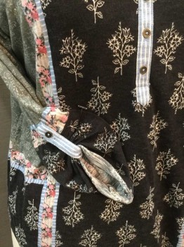 STYLE & CO, Black, Off White, Heather Gray, Lt Blue, Pink, Cotton, Modal, Floral, Stripes - Vertical , Heather Black W/off White Floral, Cream W/gray Stripes W/pink Floral, and Heather Gray W/cream Stitches Floral Print Block, Blue W/whit Pin-stripes Trim Stand, V-neck, 4 Button Front, Long Sleeves,