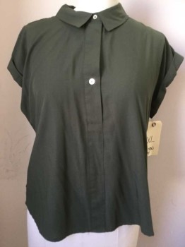 A NEW DAY, Olive Green, Rayon, Polyester, Solid, Pullover, Button Placket, Cuffed Cap Sleeves, Collar Attached, Woven Front Jersey Back