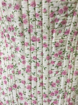 MTO, Cream, Pink, Green, Cotton, Floral, Small Roses Print Cotton with Beige Ticking Lining, Multi  Steel Boned Center Front, and Lacing Center Back,
