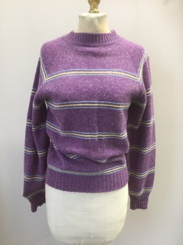 Womens, Pullover, PREGO, Lavender Purple, Baby Blue, Yellow, Acrylic, Solid, Stripes, M, Long Sleeves, Pull Over, Solid Lavender, Baby blue and Yellow Stripes