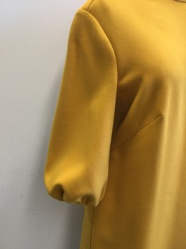 Womens, Dress, Long & 3/4 Sleeve, ANN TAYLOR, Mustard Yellow, Polyester, Viscose, Solid, B 36, 8, H 38, Mustard, Band Collar with 4 Large Yellow Buttons on Left Shoulder, Zip Back, 3/4 Bell Sleeves