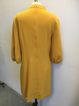 Womens, Dress, Long & 3/4 Sleeve, ANN TAYLOR, Mustard Yellow, Polyester, Viscose, Solid, B 36, 8, H 38, Mustard, Band Collar with 4 Large Yellow Buttons on Left Shoulder, Zip Back, 3/4 Bell Sleeves