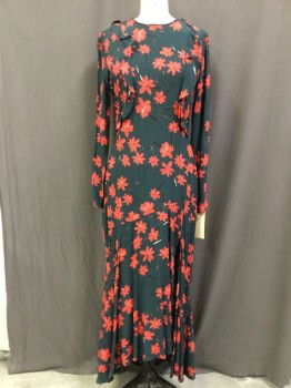 Womens, Dress, Long & 3/4 Sleeve, H&M, Dk Green, Red, Black, White, Viscose, Floral, 6, Round Neck, Long Sleeves, Ruffles, Back Zipper, Full Length with Long Bias Ruffle and Deep Slit