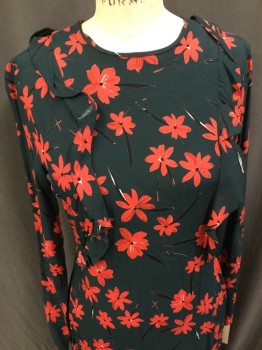 Womens, Dress, Long & 3/4 Sleeve, H&M, Dk Green, Red, Black, White, Viscose, Floral, 6, Round Neck, Long Sleeves, Ruffles, Back Zipper, Full Length with Long Bias Ruffle and Deep Slit