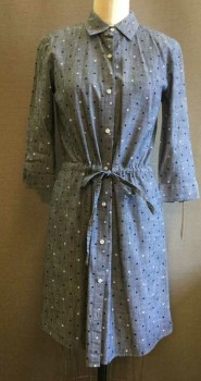 Womens, Dress, Long & 3/4 Sleeve, TOMMY HILFIGER, Slate Blue, Navy Blue, White, Cotton, Dots, S, Button Front From Neck to Hem, 3/4 Sleeves, Collar Attached, Drawstring at Waist