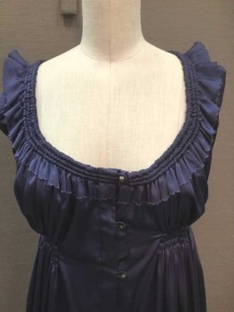 Womens, Historical Fiction Dress, N/L, Midnight Blue, Polyester, Solid, W24-26, B:34, Made To Order Reproduction of Early 1800s/Regency, Satin, Scoop Neck, Empire Waist, Silver Filigree Buttons with Loop Closures at Center Front, Elastic Waist, Self Ruffle Trim with Scalloped Raw Edge, **Has 2 Long Sleeves That Have Been Detached