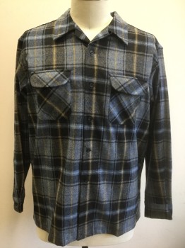 PENDLETON, Dusty Blue, Black, Tan Brown, Wool, Plaid, Long Sleeve Button Front, Collar Attached, 2 Flap Pockets, **Has a Double