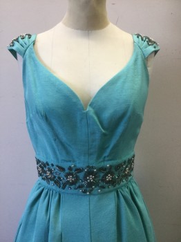 Womens, Cocktail Dress, CANDICE GWINN, Aqua Blue, Rayon, Solid, 4, Horizontally Ribbed Texture, Sleeveless, Gathered Straps/Sleeve Caps, Sweetheart Bust, Silver and Pearl Beading at Shoulders and Waistband, Gathered at Waist, Knee Length, Retro Look