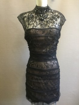 Womens, Cocktail Dress, N/L, Black, Champagne, Synthetic, XS, Floral Mesh Upper with Black Beaded and Sequin Starburst From Neck, Mock Turtleneck, Cap Sleeve, Champagne Lining with Floral Lace Overlay and Black Mesh Over the Lace Gathered at Side Seams, Back Zip, Keyhole Back, **Zipper Pull Broken Off***