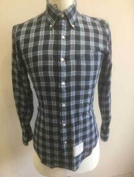 THOM BROWNE, Navy Blue, Slate Blue, White, Cotton, Plaid-  Windowpane, Flannel, Long Sleeve Button Front, Collar Attached, Button Down Collar, 1 Patch Pocket, High End/Luxury Item