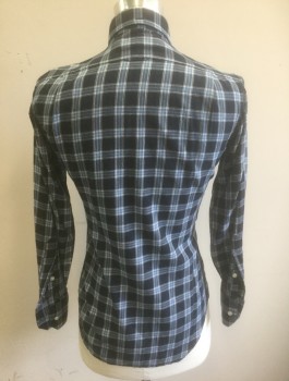 THOM BROWNE, Navy Blue, Slate Blue, White, Cotton, Plaid-  Windowpane, Flannel, Long Sleeve Button Front, Collar Attached, Button Down Collar, 1 Patch Pocket, High End/Luxury Item