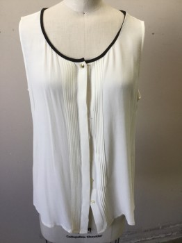 Womens, Top, BANANA REPUBLIC, Cream, Black, Rayon, Solid, S, Scoop Neck with Black Trim, Hidden Placket Button Front, Pleated Front, Sleeveless