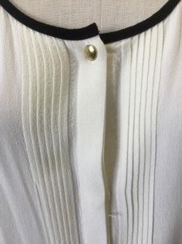 BANANA REPUBLIC, Cream, Black, Rayon, Solid, Scoop Neck with Black Trim, Hidden Placket Button Front, Pleated Front, Sleeveless