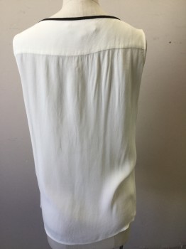 BANANA REPUBLIC, Cream, Black, Rayon, Solid, Scoop Neck with Black Trim, Hidden Placket Button Front, Pleated Front, Sleeveless