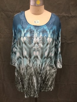 Womens, Top, CATHERINE'S, Teal Blue, White, Black, Aqua Blue, Polyester, Ombre, Geometric, 3X, Embroidered Yoke with Rhinestones, Scoop Neck, 3/4 Sleeve, Painted Patterned Ombre with Black Geometric Graphic to and Black Grass-like Graphic Bottom
