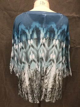 CATHERINE'S, Teal Blue, White, Black, Aqua Blue, Polyester, Ombre, Geometric, Embroidered Yoke with Rhinestones, Scoop Neck, 3/4 Sleeve, Painted Patterned Ombre with Black Geometric Graphic to and Black Grass-like Graphic Bottom