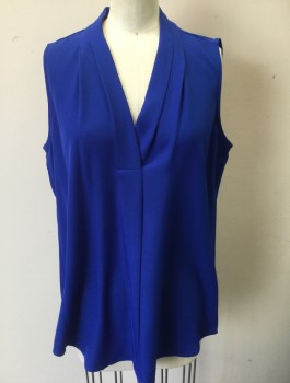 CALVIN KLEIN, Royal Blue, Polyester, Spandex, Solid, Sleeveless, V-neck with Wrapped Detail, , Double Pleats at Either Side of Neckline, Pullover