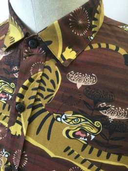 TOPMAN, Brown, Mustard Yellow, Black, Beige, Viscose, Novelty Pattern, Brown with Mustard Tigers Novelty Print, Long Sleeve Button Front, Collar Attached