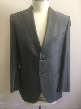 Mens, Suit, Jacket, N/L, Charcoal Gray, Lt Gray, Wool, 2 Color Weave, Pin Dot, 42L, Charcoal with Light Gray Dotted Weave, Single Breasted, Peaked Lapel, 2 Buttons, 3 Pockets, Dark Gray Solid Lining