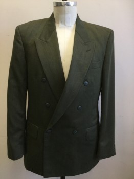 BONELLI, Dk Green, Black, Polyester, Rayon, Stripes - Pin, Double Breasted, Collar Attached, Peak Lapel, 3 Pockets,