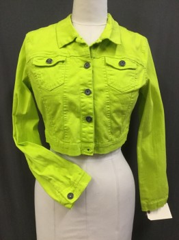 Womens, Casual Jacket, NEW LOOK, Neon Green, Cotton, Spandex, Solid, L, Cropped, Jean Jacket Cut, Button Front,