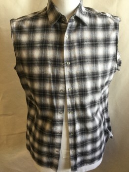 PARKE & RONEN, Black, Charcoal Gray, Tan Brown, Ecru, Heather Gray, Cotton, Plaid, Plaid-  Windowpane, Collar Attached, Clear with Silver Trim Button Front, Cut-off Sleeves