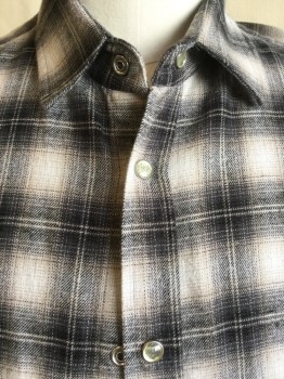 PARKE & RONEN, Black, Charcoal Gray, Tan Brown, Ecru, Heather Gray, Cotton, Plaid, Plaid-  Windowpane, Collar Attached, Clear with Silver Trim Button Front, Cut-off Sleeves
