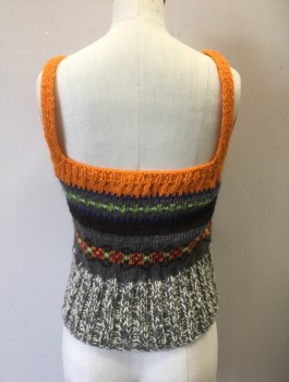 FREE PEOPLE, Gray, Orange, Navy Blue, Lime Green, Cream, Wool, Stripes - Horizontal , Geometric, Scratchy Sweater Knit, 3/4" Wide Spaghetti Straps, Cropped Length, Fitted
