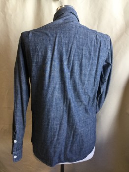 NL, Blue, Cotton, Solid, Blue Chambray, Collar Attached, White Button Front, Long Sleeves, 2 Pockets with Flap