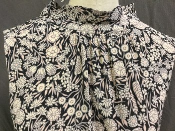 REBECCA TAYLOR, Black, Cream, Gray, Lt Pink, Silk, Floral, Black with Cream/gray/light Pink Floral Print, Gathered Round Neck with Mock Collar Attached, V-back, Sleeveless,