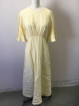 Womens, Dress, Short Sleeve, ZARA, Lt Yellow, Viscose, Linen, Solid, S, Flared Short Sleeves, Round Neck,  Smocked Detail at Center Front and Center Back Waist with Gathers, Slightly Flared, Midi Length, Side Zip
