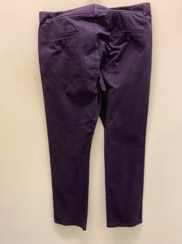 Mens, Casual Pants, J CREW, Plum Purple, Cotton, Elastane, Solid, 36/28, Slant Pockets, Zip Front, Flat Front