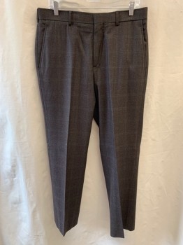 NL, Dk Brown, Forest Green, Wool, Plaid-  Windowpane, Side Pockets, Zip Front, Flat Front