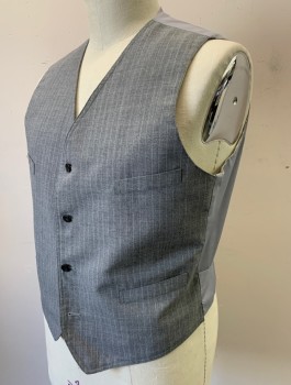SIAM COSTUMES , Gray, White, Wool, Stripes - Pin, Single Breasted, V-neck, 4 Buttons, 4 Welt Pockets, Solid Gray Back with Self Belt Attached at Back Waist, Made To Order