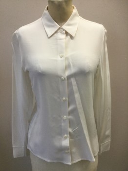 RAG & BONE, Off White, Silk, Synthetic, Solid, Knit Back and Underarm Fabric, Plain Weave Front, Long Sleeves, Collar Attached, Button Front with Pearl Buttons,