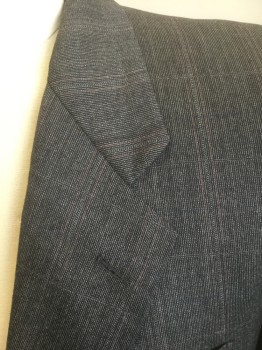 CORNELIANI, Charcoal Gray, White, Red, Wool, Stripes - Micro, Grid , Charcoal with White Microstripes, Faint Red and White Grid Stripes, Single Breasted, Notched Lapel, 2 Buttons, 3 Pockets, Solid Dark Gray Lining